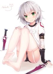  1girl :3 artist_name assassin_of_black bandaged_arm bangs black_gloves blush buruma cat closed_mouth crossed_bangs dagger dual_wielding eyebrows_visible_through_hair fate/apocrypha fate_(series) fingerless_gloves garter_straps gloves green_eyes gym_uniform highres knees_up looking_at_viewer name_tag scar scar_across_eye scar_on_cheek short_hair short_sleeves signature silver_hair simple_background sin-poi sitting smile solo thigh-highs thighs weapon white_background white_legwear |_| 