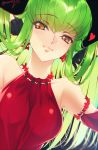  1girl bare_shoulders black_background breasts c.c. code_geass creayus earrings green_hair halterneck heart jewelry long_hair medium_breasts simple_background smile solo twitter_username yellow_eyes 