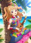  1girl aikatsu! aikatsu!_photo_on_stage!! beach blonde_hair clouds dress earrings hat instrument jewelry music natsuki_mikuru ocean palm_tree playing_instrument red_eyes sand sunlight tree ukulele 