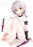  1girl :3 artist_name assassin_of_black bandaged_arm bangs black_gloves blush cat closed_mouth crossed_bangs dagger dual_wielding eyebrows_visible_through_hair fate/apocrypha fate_(series) feet fingerless_gloves gloves green_eyes gym_uniform highres knees_up looking_at_viewer name_tag no_shoes panties panties_under_pantyhose pantyhose scar scar_across_eye scar_on_cheek short_hair short_sleeves signature silver_hair simple_background sin-poi sitting smile soles solo thighband_pantyhose thighs toeless_legwear toes underwear weapon white_background white_legwear white_panties |_| 