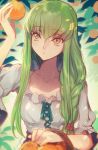  1girl basket braid c.c. code_geass creayus food fruit green_hair long_hair looking_up orange solo twitter_username yellow_eyes 