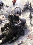  1boy 1girl blindfold boots breasts building burunuu_(bullnukko) buttons choker cleavage cleavage_cutout dress feather-trimmed_sleeves gloves holding juliet_sleeves katana long_sleeves lying machine mole mole_under_mouth nier_(series) nier_automata on_back pod_(nier_automata) puffy_sleeves rubble sad short_hair sword upset weapon white_hair yorha_no._2_type_b yorha_no._9_type_s 