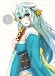  ! 1girl :o aqua_kimono bangs bare_shoulders breasts closed_fan commentary_request dragon_girl dragon_horns eyebrows_visible_through_hair eyelashes eyes_visible_through_hair fan fate/grand_order fate_(series) folding_fan green_eyes green_hair hair_between_eyes hair_ornament hair_over_shoulder highres holding holding_fan horns japanese_clothes kimono kiyohime_(fate/grand_order) large_breasts long_sleeves looking_at_viewer nanomaru obi off_shoulder open_mouth raised_eyebrows sash simple_background solo speech_bubble spoken_exclamation_mark surprised teeth white_background wide_sleeves 