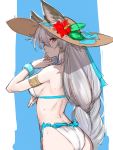  1girl animal_ears armlet ass back bangle bare_shoulders bikini bracelet granblue_fantasy grey_hair hat heles highres jewelry looking_at_viewer solo sun_hat sweat swimsuit tetsu_(kimuchi) 