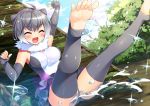  1girl :d ^_^ ahoge arm_up barefoot blush breasts bucchake_(asami) closed_eyes dutch_angle elbow_gloves feet fingerless_gloves frilled_swimsuit frills fur_trim gloves gradient_hair grey_gloves grey_hair grey_legwear kemono_friends large_breasts legs_up multicolored_hair one-piece_swimsuit open_mouth otter_(kemono_friends) otter_ears outstretched_arm short_hair slide sliding smile soles solo spread_toes swimsuit toeless_legwear toes water water_drop white_hair 