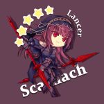  1girl armor bodysuit breasts character_name chibi covered_navel fate/grand_order fate_(series) gae_bolg holding holding_weapon long_hair pauldrons polearm purple_bodysuit purple_hair red_eyes scathach_(fate/grand_order) shoulder_armor solo spear veil weapon yan_xiao 