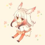  1girl bird_tail blush brown_eyes brown_shoes buttons chibi crested_ibis_(kemono_friends) drawstring floral_background frilled_sleeves frills full_body gradient_hair head_wings jitome kemono_friends konno_(pixiv_23416142) loafers long_sleeves looking_at_viewer multicolored_hair no_nose open_mouth pantyhose pink_background pleated_skirt red_legwear red_skirt redhead shirt shoes short_hair short_hair_with_long_locks sidelocks simple_background skirt sleeves_past_wrists smile solo tail two-tone_hair white_hair white_shirt wide_sleeves wings 
