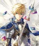  1boy ahoge armor blonde_hair card excalibur fate/prototype fate_(series) gauntlets green_eyes highres male_focus pauldrons saber_(fate/prototype) short_hair smile solo sword weapon 
