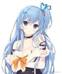  1girl 2016 artist_name black_bra blue_eyes blue_hair blue_ribbon bra breasts character_name cleavage collar collarbone emori_miku emori_miku_project eyebrows_visible_through_hair hair_between_eyes hair_ornament hair_ribbon heart highres long_hair looking_at_viewer medium_breasts miko_92 nail_polish one_side_up orange_ribbon parted_lips ribbon simple_background solo standing underwear upper_body very_long_hair white_background yellow_nails 