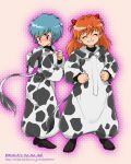  angry ayanami_rei blue_hair blush closed_eyes cow_girl cow_print cowgirl multiple_girls neon_genesis_evangelion red_eyes red_hair redhead shibata_masahiro simple_background smile souryuu_asuka_langley tail 