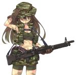  brown_eyes brown_hair bucket_hat camouflage gun hat long_hair m60 machine_gun midriff military tanaka_(cow) tank_top vest weapon wink 