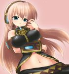  blue_eyes breast_hold breasts hahifuhe headset large_breasts long_hair megurine_luka midriff navel pink_hair solo vocaloid 