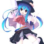  blue_hair bow chipika food fruit hat hinanawi_tenshi leaf lowres peach red_eyes solo touhou v 