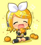  bow chibi closed_eyes eating food fruit hahifuhe headset heart kagamine_rin orange oranges short_hair vocaloid 