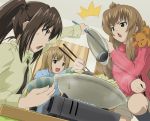  ahoge bowl brown_hair chopsticks food fujioka-kuma ladle long_hair minami-ke minami_chiaki minami_haruka minami_kana pot siblings sisters stuffed_animal stuffed_toy sumire_(artist) teddy_bear twintails urabi_(tomatohouse) 