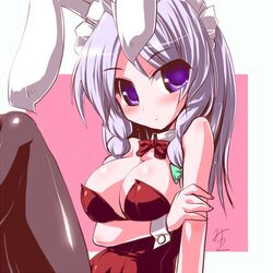  blue_eyes bowtie braid breasts bunny_ears bunnysuit cleavage hazumi_miruku izayoi_sakuya large_breasts pantyhose rabbit_ears ribbon silver_hair touhou twin_braids wrist_cuffs 