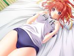  bed buruma game_cg gym_uniform long_hair lying name_tag ponytail purple_eyes red_hair redhead tsutsui_sayaka violet_eyes yoshii_dan 