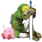  earrings face gauntlets gloves jewelry kirby kirby_(series) link lowres master_sword nintendo penta5 pointy_ears shield sleeping super_smash_bros. sword the_legend_of_zelda weapon 