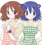  2girls animal_crossing animal_ears apron asami_(doubutsu_no_mori) blue_eyes blue_hair blush blush_stickers brown_eyes brown_hair doubutsu_no_mori doubutsu_no_mori_+ freckles gijinka kinuyo_(doubutsu_no_mori) lowres mabel mabel_able multiple_girls nintendo nintendo_ead personification pincushion sable_able short_hair siblings sisters smile wataru 