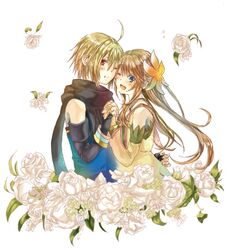  1girl blonde_hair blue_eyes brown_hair couple emil_castagnier flower gloves hair_ornament long_hair marta_lualdi red_eyes scarf smile tales_of_(series) tales_of_symphonia tales_of_symphonia_knight_of_ratatosk 