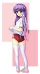  bad_id buruma clannad fujibayashi_kyou gym_uniform long_hair looking_back purple_eyes purple_hair shirt_lift thigh-highs thighhighs violet_eyes 