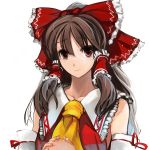  ascot bare_shoulders bow brown_eyes brown_hair bust detached_sleeves face hair_bow hair_tubes hakurei_reimu hands hands_clasped hands_together japanese_clothes light_smile long_hair miko pupps shirt shy smile solo touhou 