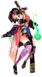  black_hair brown_eyes cherry_blossoms comb floral_pattern floral_print flower gauntlets ghost hair_comb hair_flower hair_ornament hitodama izuna_jinkuro japanese_clothes katana kimono kote kurokote momohime oboro_muramasa oboro_muramasa_youtouden official_art pale_skin sandals sheath short_kimono simple_background sode spirit striped striped_legwear striped_thighhighs sword thigh-highs thighhighs unsheathing weapon zettai_ryouiki 