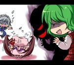  ^_^ bat_wings chibi closed_eyes cowering creepy crouching evil_grin evil_smile green_hair grin hairband hat hiding izayoi_sakuya kazami_yuuka mokku o_o open_mouth plaid plaid_skirt plaid_vest red_eyes remilia_scarlet ribbon ribbons scared shaded_face skirt skirt_set smile squatting touhou trembling turn_pale wavy_mouth wings 