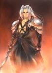  final_fantasy final_fantasy_vii flames sephiroth silver_hair sword takemori_shintarou 