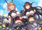  2girls bangs black_gloves black_hair blush breasts brown_eyes brown_hair cleavage clouds collar commentary_request confetti elbow_gloves eyebrows_visible_through_hair gloves hair_between_eyes hairband headgear kantai_collection large_breasts long_hair metal_belt metal_collar midriff miniskirt multiple_girls mutsu_(kantai_collection) nagato_(kantai_collection) open_mouth outdoors pleated_skirt radio_antenna remodel_(kantai_collection) rigging short_hair skirt sky smile standing thigh-highs tonari_no_kai_keruberosu turret weapon white_gloves 