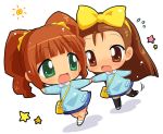  bandaid bow brown_eyes brown_hair chibi dragging green_eyes hahifuhe hand_holding holding_hands idolmaster kindergarten long_hair minase_iori takatsuki_yayoi thighhighs twintails 