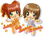  brown_hair cheerleader chibi green_eyes hagiwara_yukiho hahifuhe idolmaster midriff short_hair skirt takatsuki_yayoi twintails wings 