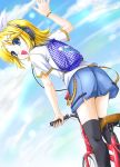  bag bicycle blonde_hair blue_eyes headphones kagamine_rin open_mouth short_hair thigh-highs thighhighs vocaloid wave waving 