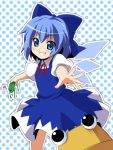  blue_eyes blue_hair cirno frog frogs grin moriya_suwako moyashi_(artist) outstretched_hand polka_dot polka_dot_background pyonta reaching short_hair smile solo touhou 