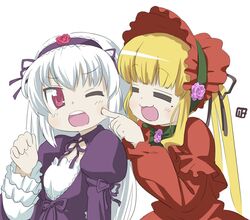  bad_id cheek_poke closed_eyes lucky_star nagian poking rozen_maiden shinku silver_hair suigintou wink 