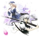  butterflies cherry_blossoms fan ghost hairband hat hitodama japanese_clothes katana kimono konpaku_youmu konpaku_youmu_(ghost) myon ross_(clumzero) ross_(pixiv191526) saigyouji_yuyuko short_hair silver_hair sword touhou weapon 