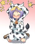  bell blush closed_eyes cow_costume cow_print cow_tail hiiragi_tsukasa horns kneeling lucky_star purple_hair short_hair tail 