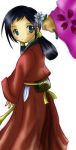  amano_hyo black_hair blurry depth_of_field flower green_eyes hizuki_rai holding holding_flower last_blade last_blade_2 snk takane_hibiki 