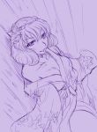  aku_(pixiv) breasts cleavage japanese_clothes kimono monochrome off_shoulder purple short_hair sketch smile touhou yasaka_kanako 