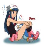  1girl asphyxiation beanie between_thighs blue_eyes blue_hair boots bored choke choking hat highres hikari_(pokemon) kakkii leg_scissors long_hair piplup pokemon pokemon_(creature) scarf sitting skirt translated translation_request 