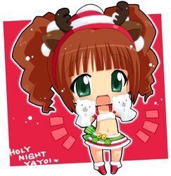  antlers brown_hair chibi christmas green_eyes hahifuhe hand_puppet hand_puppets idolmaster midriff navel puppet skirt solo takatsuki_yayoi twintails 