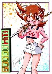  beyblade brown_eyes brown_hair hits midriff shinai short_hair sword tachibana_hiromi weapon wink 