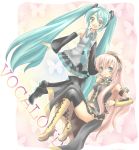  boots butterfly detached_sleeves hatsune_miku hoshino knee_boots long_hair megurine_luka multiple_girls necktie skirt thigh-highs thighhighs twintails very_long_hair vocaloid 
