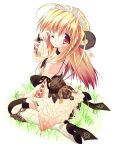  blonde_hair erinosuke grass horns kizuki_erika long_hair red_eyes sitting wink 