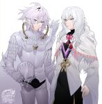  2boys absurdres alternate_costume armor artist_name behelit berserk blue_eyes cape closed_mouth cosplay costume_switch crossover facing_viewer fate/grand_order fate_(series) griffith_(berserk) helmet highres holding holding_helmet jewelry long_hair long_sleeves looking_at_viewer lunethary merlin_(fate) multiple_boys necklace robe shoulder_armor signature simple_background violet_eyes white_background white_cape white_hair white_robe 