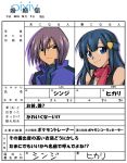  1girl black_hair blue_eyes blue_hair couple hikari_(pokemon) marriage_certificate pokemon pokemon_(anime) purple_hair shinji_(pokemon) translation_request 