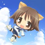  brown_eyes brown_hair chibi cloud clouds hahifuhe miyafuji_yoshika school_uniform serafuku short_hair sky strike_witches striker_unit striker_units swimsuit swimsuit_under_clothes tail 