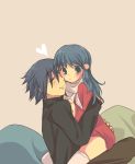  black_hair blue_eyes blush couple gen_(pokemon) hikari_(pokemon) hikari_(pokemon)_(remake) hug pokemon pokemon_(game) pokemon_dppt scarf thighhighs 