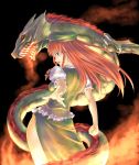  braid china_dress chinadress chinese_clothes dragon ex-meiling fire flames from_behind hat hong_meiling looking_back red_hair redhead takemori_shintarou touhou twin_braids 