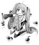 detached_sleeves flat_chest happy hatsune_miku kneeling long_hair microphone monochrome musical_note musical_notes namori necktie skirt thigh-highs thighhighs twintails very_long_hair vocaloid 
